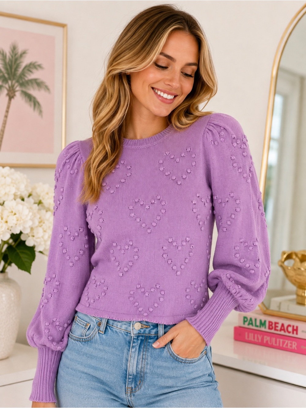 Lilly Pulitzer Purple Heart Puff Sleeve Sweater Women’s M Cottagecore Preppy